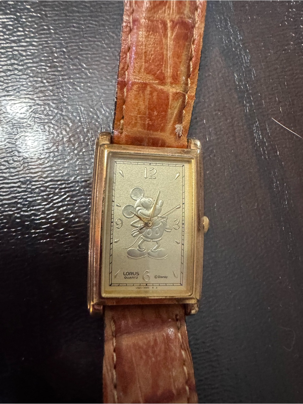 Lorus Disney Gold-Tone Mickey Mouse Rectangle Watch - Brown Leather Strap
